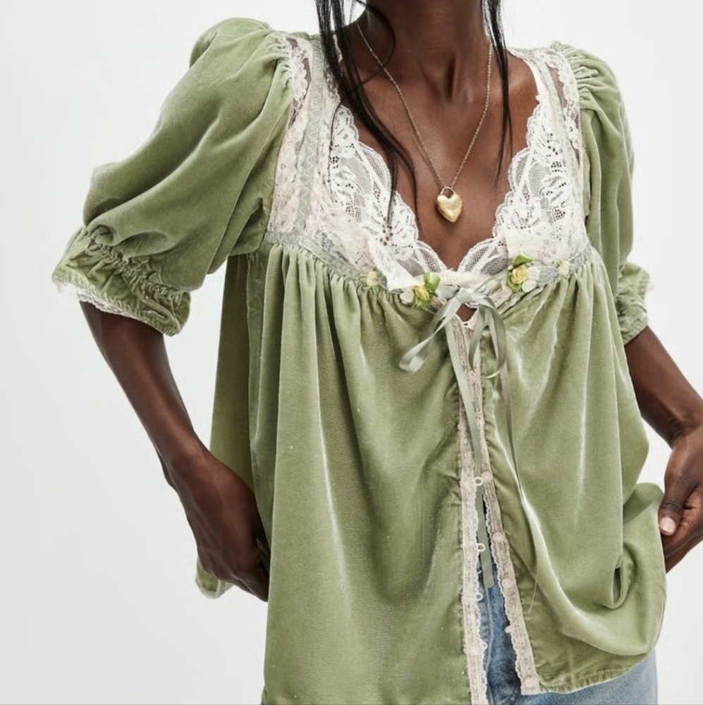 Free People Let's Voyage Velvet Viscose Lace Top in Soft Mint Combo, XS